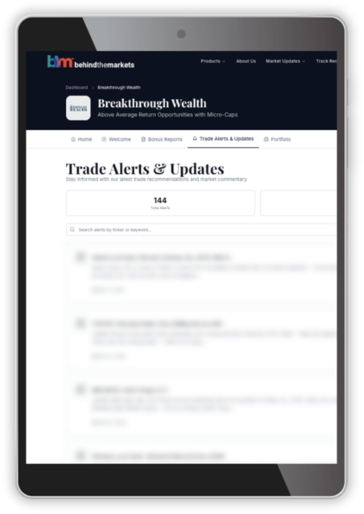 Breakthrough Wealth Trade Alerts & Updates dashboard