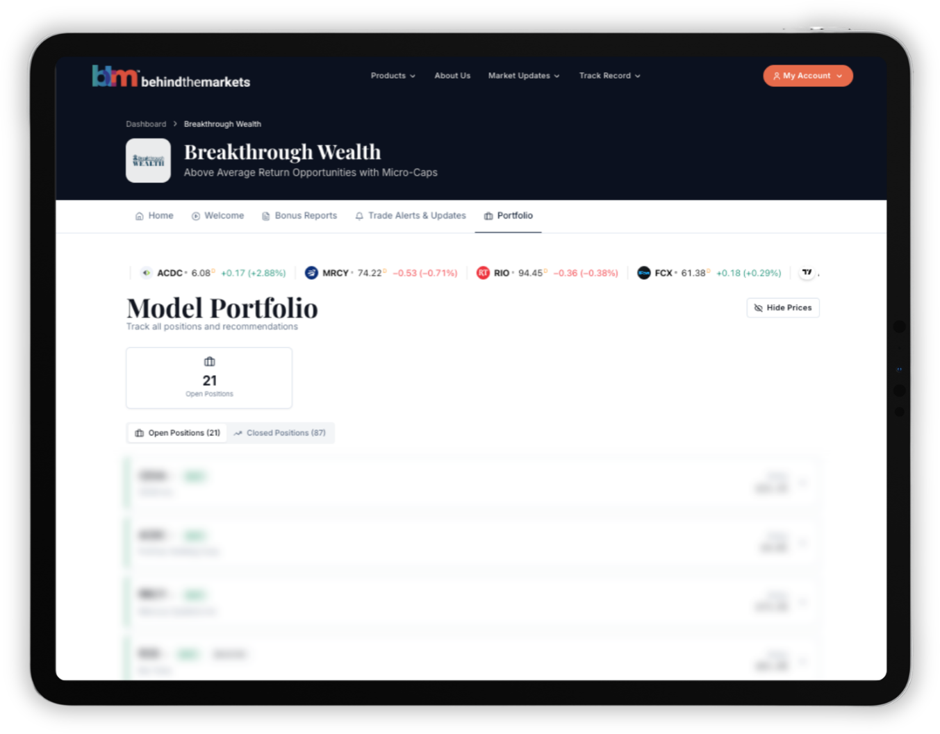 Breakthrough Wealth Model Portfolio dashboard