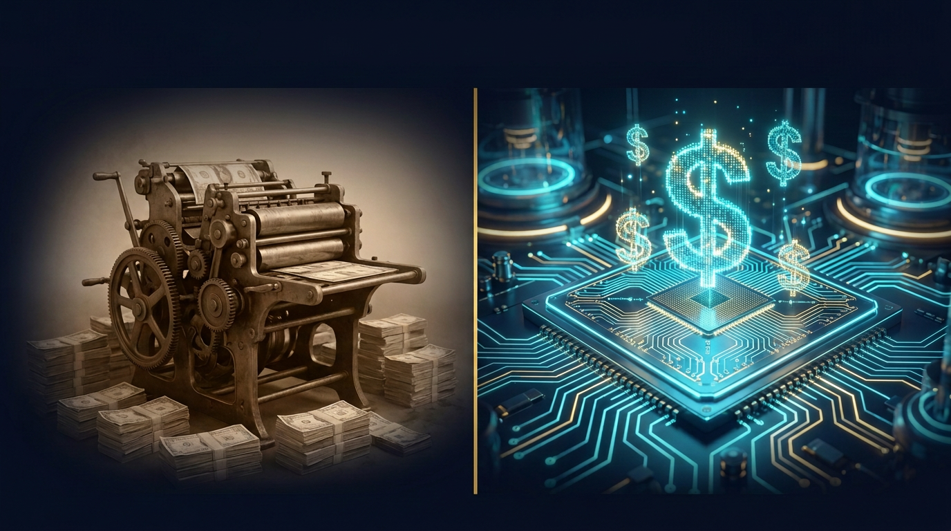 The new printing press: old paper press on the left, futuristic quantum chip foundry on the right